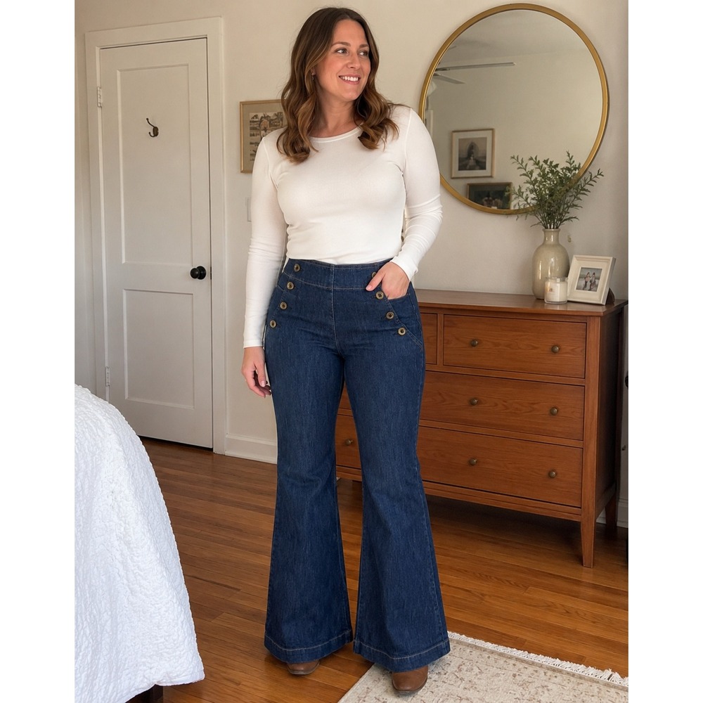 New York & Company Women's Size 8 Sailor‎ Flare Jeans Dark Wash Wide Leg